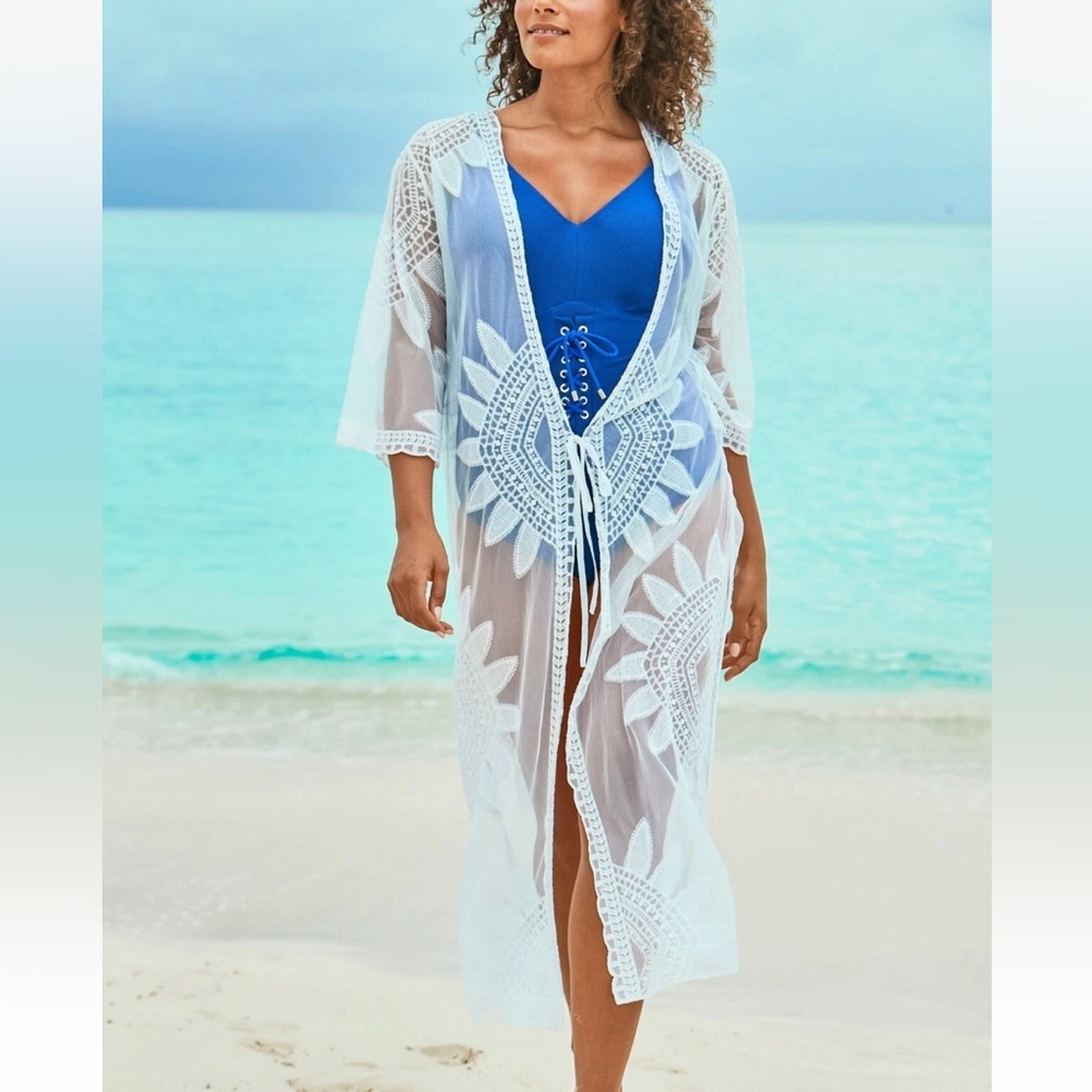 Swimsuits For All Embroidered Lace Cream Swimsuit coverup Resortwear Beach